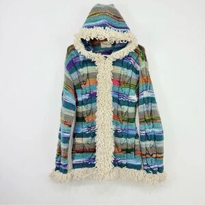 Amano Artisan Handmade Colorful Stripe Hooded Boho Fringe Retro Cardigan Sweater